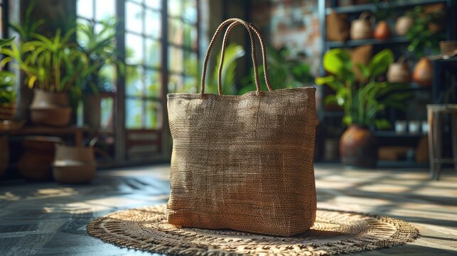 Brown Jute Tote Bag on a Woven Rug