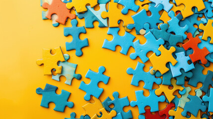 Colorful puzzle pieces form a bright design on a yellow and blue backdrop.