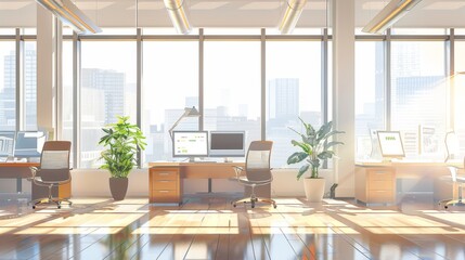 Fototapeta premium Modern Office Interior with City View - Workspace Design Inspiration