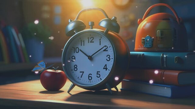 the alarm clock on the study table and several piles of books are very suitable for the back to school concept background, seamless looping time lapse virtual 4k video animation background