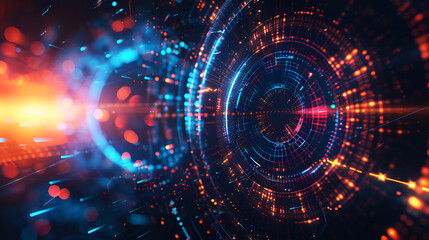 Obraz premium A digital interface with a bright light center,The concept of cybersecurity and technology, 3D rendering of futuristic abstract technology background, Digital asset inheritance planning, securing cryp