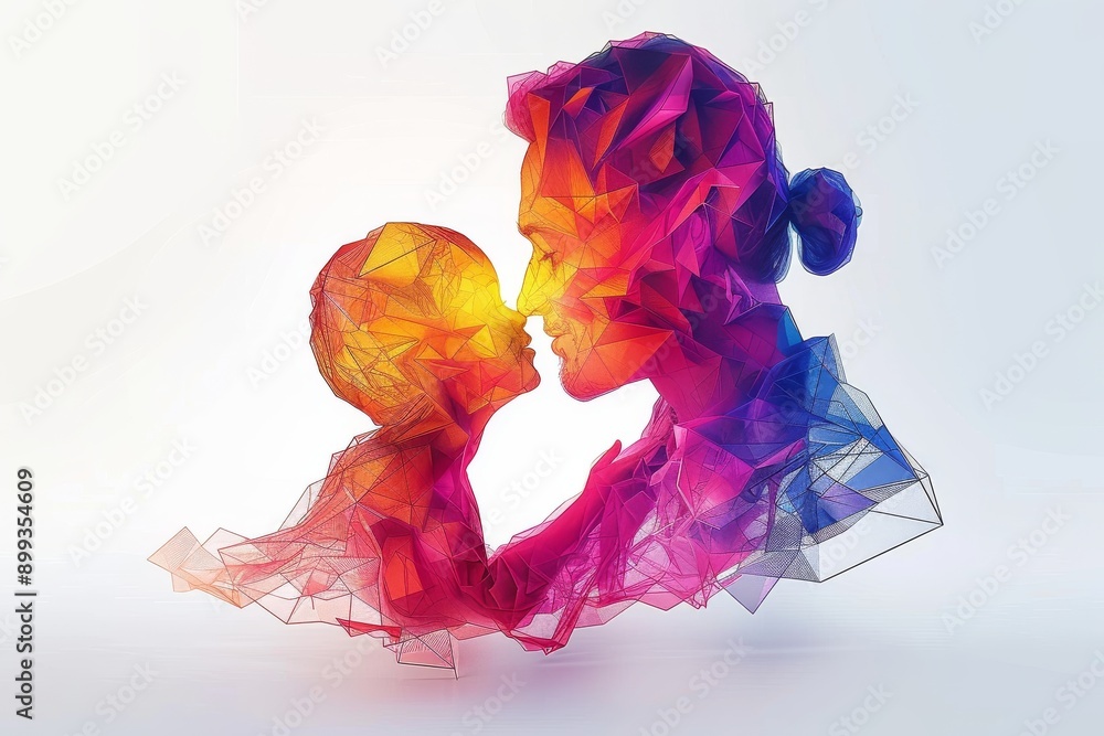 Poster artistic digital representation of parent and child in a colorful futuristic environment symbolizing