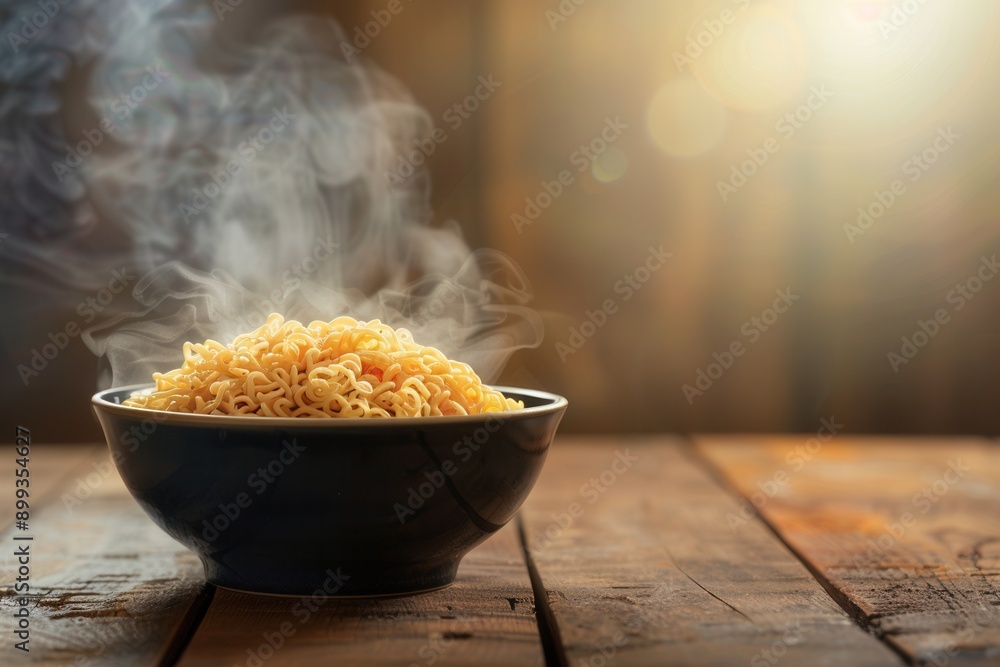 Poster Steaming instant noodles rest in a dark bowl on a wooden table, creating a cozy and inviting ambiance perfect for a quick meal. Generative AI