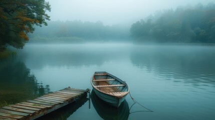 Obraz premium Tranquil Riverside Beauty - Wooden Dock and Rowboat in Misty Morning Light | Landscape Photography with Fujifilm GFX 50S Camera