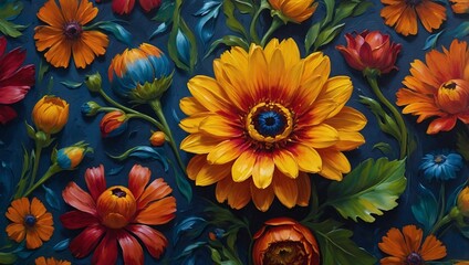 Oil-painted vibrant flowers wallpapers, artistic design, high contrast
