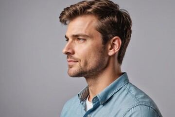 Close-up profile side view portrait of his he nice attractive content successful masculine cheerful cheery guy partner expert folded arms isolated over gray light pastel color background