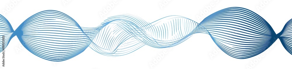 Poster simple line art graphic of blue sound waves on a white background, in a circular design with simple 