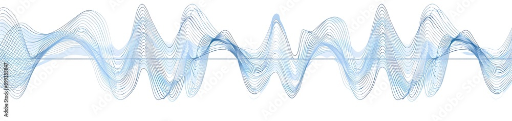 Poster simple line art graphic of blue sound waves on a white background, in a circular design with simple 