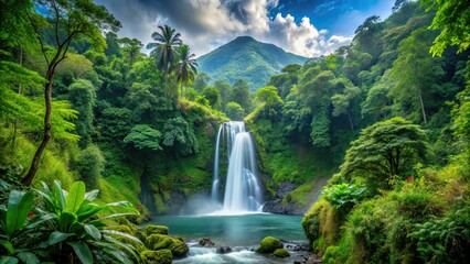 Waterfall flowing in lush jungle setting with a view of distant mountains, waterfall, jungle, mountains, nature, scenic