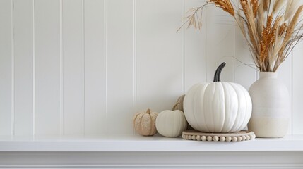 A minimalist mantel decorated with a single white pumpkin and a few sprigs of dried wheat