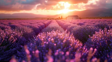 Fototapeta premium Tranquil Lavender Field at Sunset: Serenity and Aromatherapy in Golden Light