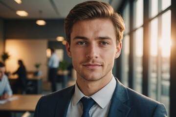 Fototapeta premium close up. portrait of a young businessman on the background of the office.