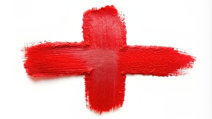 Obraz premium Red cross symbol with bright red lipstick painted over it, red cross, lipstick, painted, symbol, concept, makeup, beauty