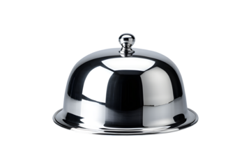 Elegant shiny silver cloche isolated on a transparent or white background.