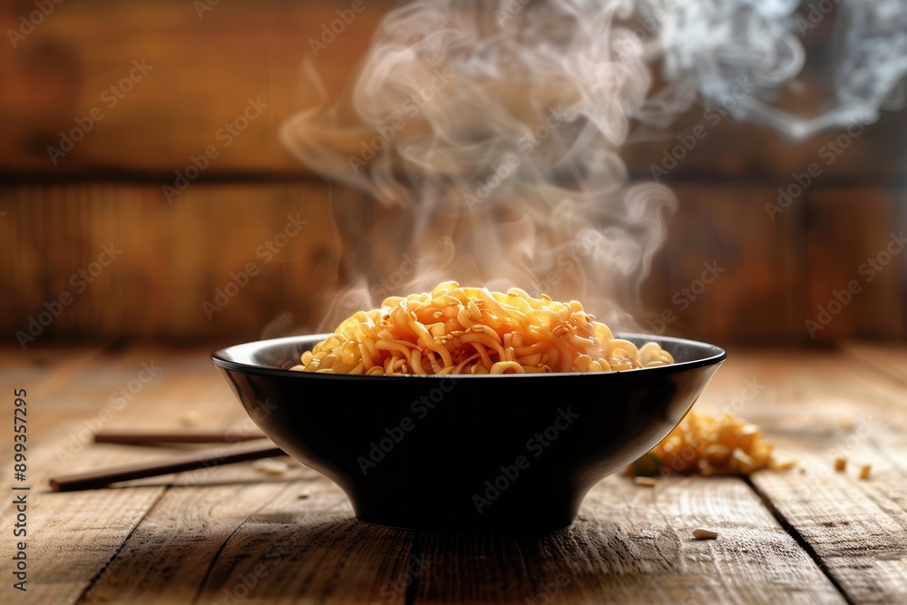 Poster a bowl of instant noodles emits steam while resting on a rustic wooden table, inviting a warm and de