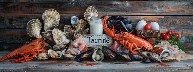 Food contains taurine on the table. Selective focus.