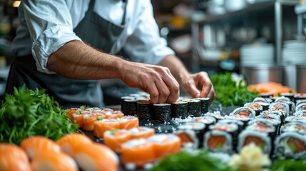Precision in the Kitchen: Chef Creating Sushi Masterpieces with Fresh Ingredients in a Professional Atmosphere