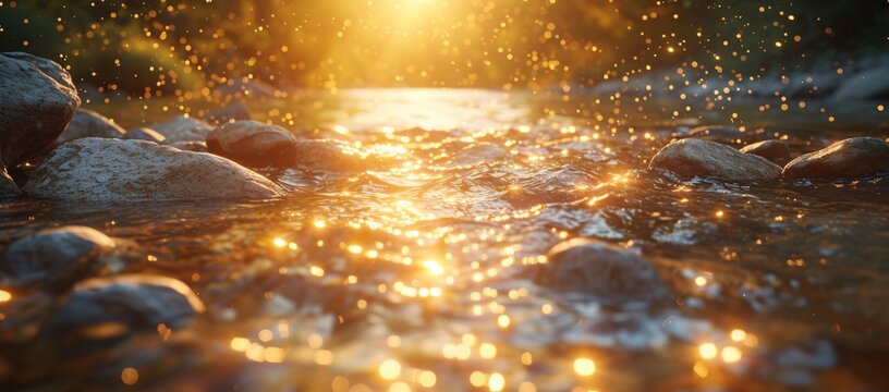 A serene river scene illuminated by sunset, showcasing golden reflections and gentle flowing water, surrounded by smooth stones. Nature's tranquility captured beautifully.