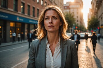 Stressed business woman in the city.