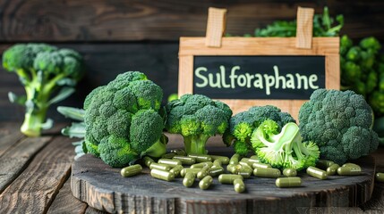 Broccoli and sulforaphane capsules. Selective focus.