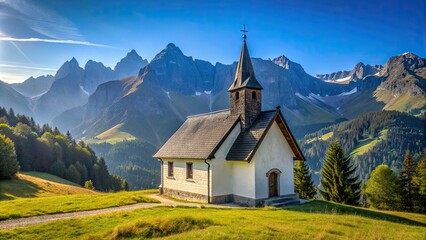Peaceful church nestled in the mountains with a backdrop of stunning landscape and clear blue sky , Church, mountains