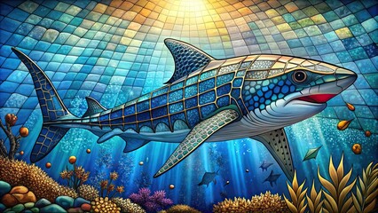 Stained glass artwork of a majestic whale shark swimming gracefully in the ocean , ocean, marine life