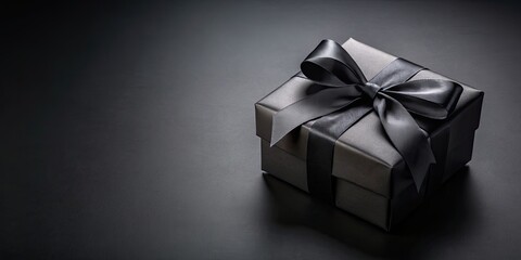 Black gift box with elegant black ribbon on dark background for Black Friday promotion, black, gift, box, ribbon, dark
