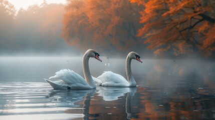 Fototapeta premium Tranquil Autumn Scene of Swans on Serene Lake with Misty Atmosphere - Nature Photography with Sony A7R III