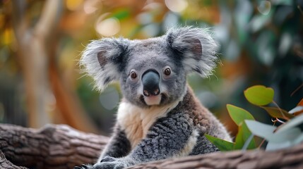 koala sitting on a tree branch, looking directly at the camera