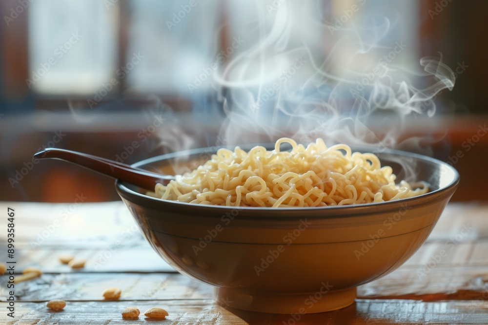 Poster a bowl of steaming instant noodles rests on a wooden table, inviting warmth and comfort in a cozy se