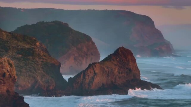 Rocky coastline and headlands and waves washing over them at sunset in the Waitakere Ranges. Anawhata, Piha, Auckland, New Zealand.