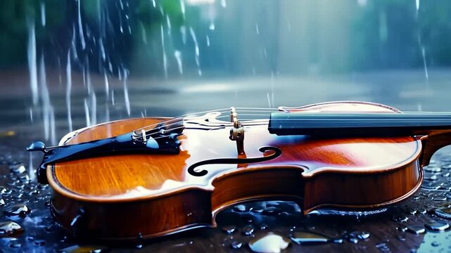 A beautifully crafted violin rests on the wet ground, glistening in the rain, surrounded by a serene, natural environment