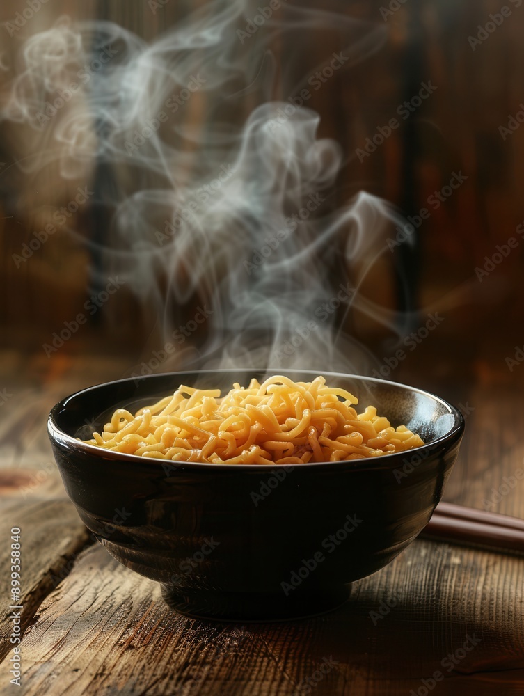 Poster a bowl of steaming instant noodles sits invitingly on a rustic wooden table, ready to be enjoyed for