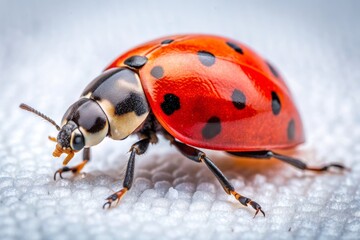 Fototapeta premium Vibrant red ladybug with black spots crawls on a pristine white background, its delicate legs and antennae visible in high-contrast, macro detail.