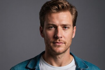Obraz premium The Portrait of a White Man Posing in Studio With Multicolored Neon Light on a Gray Background.