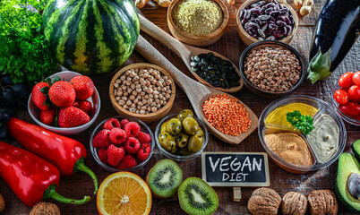 Food products representing the vegan diet. Veganism