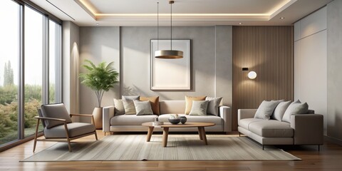Sleek minimalist living room design sketch features a neutral color palette, clean lines, and sparse decor, emphasizing simplicity and functional elegance in modern space.