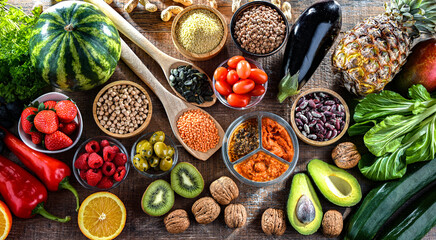 Food products representing the vegan diet. Veganism