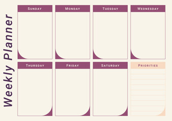 Weekly planner template with space for text. Horizontal A4 page © Irina Shcherbakova