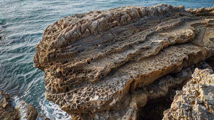 Fototapeta premium The picture shows a rock surface on the coast with intricate patterns and textures from erosion. The shadows create sharp contrasts, highlighting the unique geological formations.