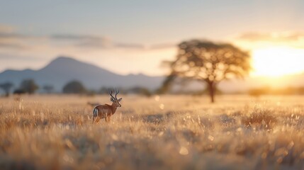 Antelopes grazing peacefully on the savanna at sunset.
