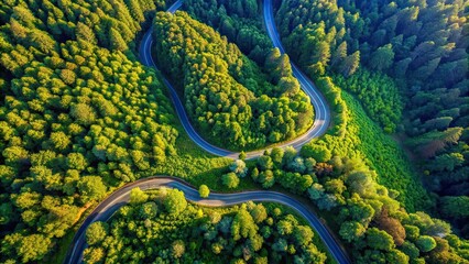 Aerial view of road winding through lush forest under blue sky, road, aerial view, forest, trees, nature, landscape