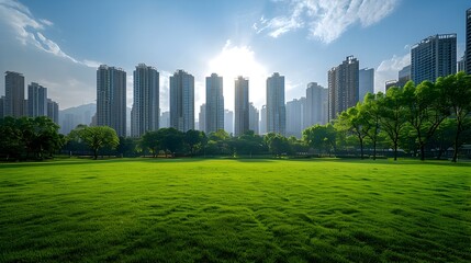 Obraz premium Panoramic City Skyline with Lush Green Spaces Blending Urban and Nature