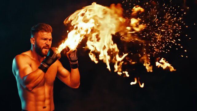 ecstatic man with burning fists making a combat motion. Concept of rage. heated altercation