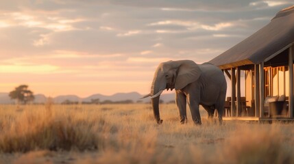Obraz premium A majestic African elephant silhouetted against the savanna sunset.