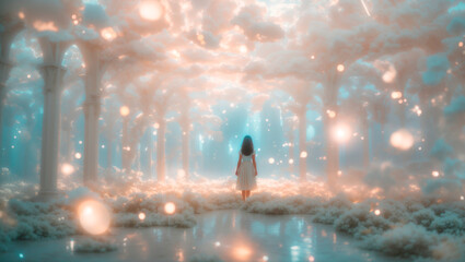 A woman in a white dress sits in a magical forest with glowing lights and a misty atmosphere.