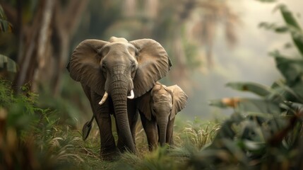 Fototapeta premium A mother elephant guiding her calf through a dense forest.