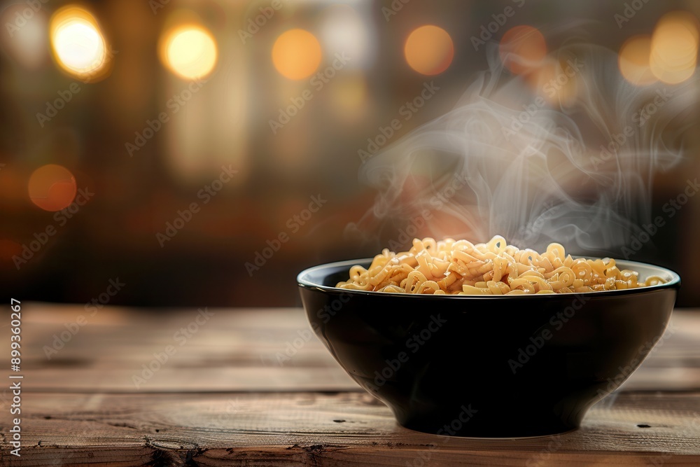 Poster a steaming bowl of instant noodles rests on a wooden table, inviting warmth and comfort in a welcomi