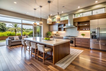 Beautiful modern kitchen interior in luxury home with wooden floor, sleek island, and minimal decor, featuring abundant natural light and ample copy space.
