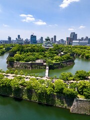 Drone footage of Osaka castle fortifications, Japan